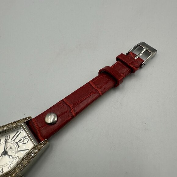 Wintex Watch Women Silver Tone Crystal Bezel Faceted Crystal Red Band Working - Picture 5 of 13